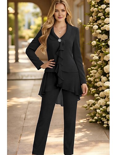  Dos Piezas Traje de pantalón Hasta el Suelo Vestido de Madrina Manga Larga Escote en Pico Elegante Talla Grande Invitado a la boda Gasa con Volantes