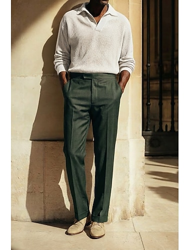  Pour des hommes Coton Lin Dress Pants works Pantalon décontracté Extérieur Affaires Élégant Mode Occasionnel Vert Armée Marine foncé Beige Couleur Unie Coupe régulière Long Non Elastique