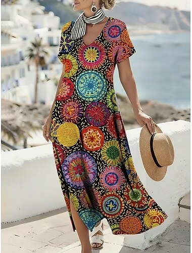  Dames Maxi-jurk Boho-jurk Casual jurk A lijn jurk Jurk met print Vintage Buiten Vakantie Weekend Normale pasvorm Grafisch Geometrisch Korte mouw V-hals Regenboog Zomer Lente