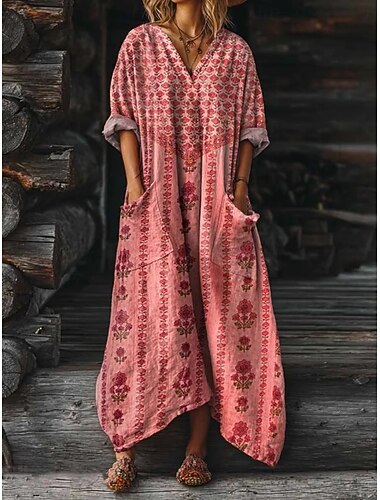  Per donna Abito maxi Abito Boho Vestito Casual Abito Stampato Vintage All'aperto Vacanza Weekend Vestibilità comoda Floreale Manica Lunga Scollo a V Rosa Estate Primavera Autunno