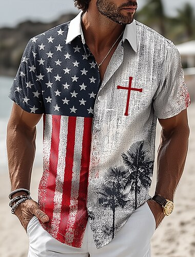  Herr 4 juli USA:s 250-årsjubileum Kors USA: s flagga Skjorta Knapp upp skjorta Kortärmad Patriotisk Utomhus Helgdag Sommar Vår Nedvikt 3D-utskrift krage skjortor Blå Vit