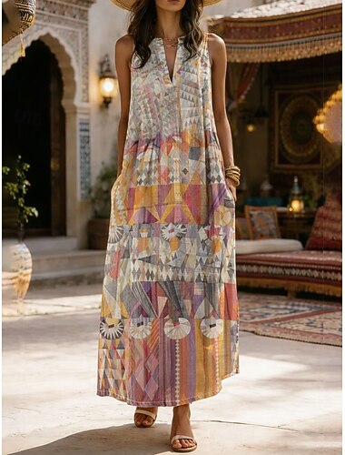  Damen Maxikleid Sommerkleid A Linie Kleid Urlaub Lässig Boho Täglich Ferien Normale Passform Grafik Geometrisch Ärmellos V Ausschnitt Blau Gelb Orange Sommer Frühling