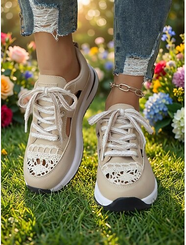  Women's Beige Cut-Out Sneakers – Breathable Casual Lace-Up Shoes for Daily, Walking and Travel Wear