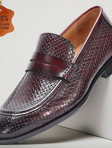  Premium herreloafers i skinn – ekte kuskinn, vevd tekstur, slip-on-komfort, elegant formell stil, perfekt for bryllup, kontor, fester og spesielle anledninger