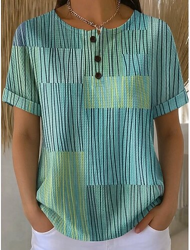  T-shirt waffle per donna a blocchi di colore stampa bottone anteriore grafica geometrica scozzese vintage elegante classica manica corta collo rotondo top regolari quotidiani grigio nero verde menta