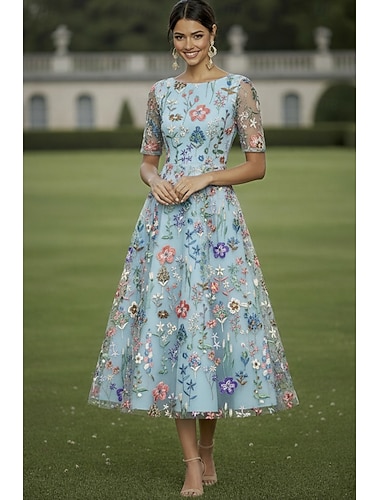  A-Linie Šaty K lýtkům Koktejlky Šaty pro svatební hosty Šaty pro matku nevěsty Poloviční rukáv Tričkový Elegantní Na běžné nošení Formální Svatební host Kentucky Derby Šifón Tyl s Květinový potisk