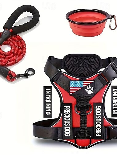  Set composto da pettorina e guinzaglio per cani da assistenza, include ciotola pieghevole, giubbotto riflettente e cinque toppe. Pettorina regolabile in morbido tessuto Oxford, adatta a cani di