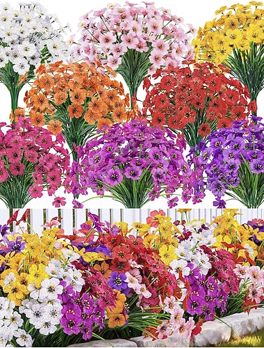  24 Bündel künstliche Blumen für den Außenbereich, UV-beständige Kunstblumen, Frühlingsblumen für Pflanzgefäße im Freien, Hochzeitsdekoration für Haus, Garten, Terrasse, Veranda (8 Farben)