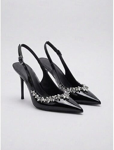  Sapato feminino chique preto de verniz com bico fino e salto agulha com detalhes em cristal, ideal para o dia a dia no escritório e ocasiões casuais de negócios. &elegantes passeios noturnos