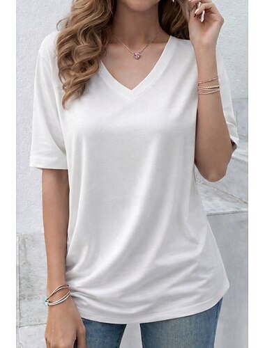  Dame Store T skjorte T-skjorter Helfarge Elegant Stilfull Fritid Kortermet V-hals Lange topper Daglig Ut på byen Svart Hvit Gul Grå Lyseblå Sommer Vår