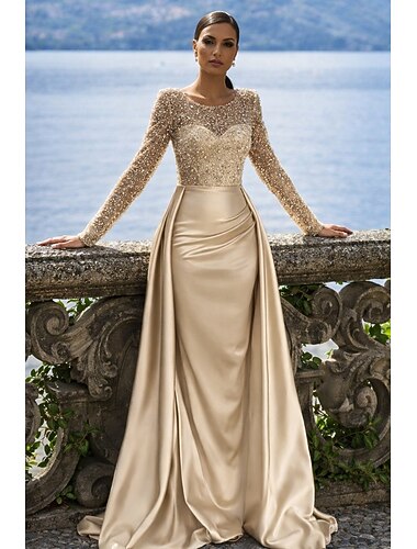  Sereia Longo Vestidos de noite Elegante Brilho & Glitter Manga Longa Ilusão Decote Carnaval Mascarilha Vestido champanhe para mãe da noiva Cetim Paetês com Detalhes em Pérolas Overskirt