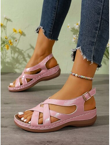  Roze comfortabele sandalen voor dames – gevoerde zomerschoenen met gekruiste bandjes voor dagelijks gebruik, reizen en buitenactiviteiten.