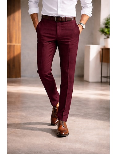  Pour des hommes Coton Lin Dress Pants works Pantalon décontracté Affaires Mariage ancien Classique & Intemporel Formel Rouge Bordeaux Marine foncé Vert foncé Printemps & Été Été Pantalon Couleur Unie