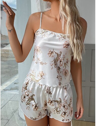  女性用 ラウンジウェア パジャマセット ファッション セクシー カジュアル フラワー サテンシルキーパジャマ 弾性ウエスト ショーツ 家 バケーション ノースリーブ ストラップ ホワイト イエロー 夏 春 秋 レギュラー
