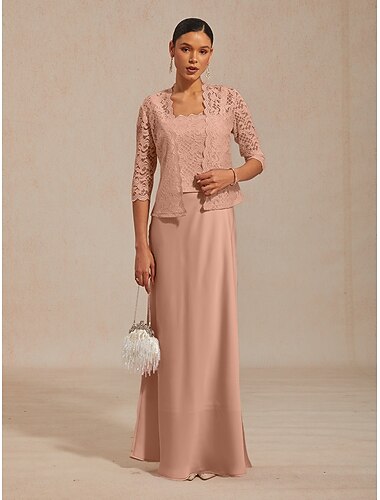  فستان ماكسي نسائي بتصميم A-line، فستان أنيق مزين بالدانتيل، مناسب لحفلات السهرة والكوكتيل، لون موحد، أكمام بطول ثلاثة أرباع، حمالات، لون وردي فاتح، مناسب لفصلي الصيف والربيع والخريف.