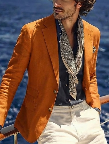  Herre Blazer i lin Halskrage Lettvekt Fritid Ensfarget Blazer Blazer i lin Hvit Rosa Himmelblå Skreddersydd Single Breasted To-knapper