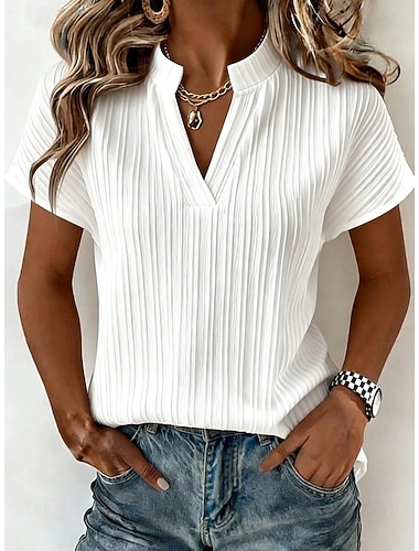  Damen T Shirt T-Shirt Gestreift Einfach Mode Stilvoll Klassisch Kurzarm V Ausschnitt Normale Oberteile Täglich Ausgehen Wochenende Blau Salbeigrün Weiß Rosa Grün Sommer Frühling
