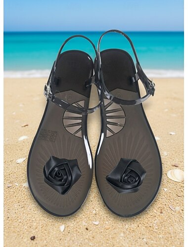  Women's Vibrant Red Jelly Sandals - Waterproof Summer Flip Flops with Romantic Silk Rose Decor for Beach Vacations, Tropical Parties & Resort Wear