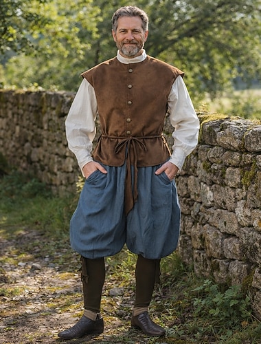  Set Rétro Vintage Médiéval Renaissance Pantalon Veste Chemise Manches longues Pirate Viking Ranger Col rond Déguisement Homme Pirate Halloween Carnaval Foire de la Renaissance LARP Adultes Gilet