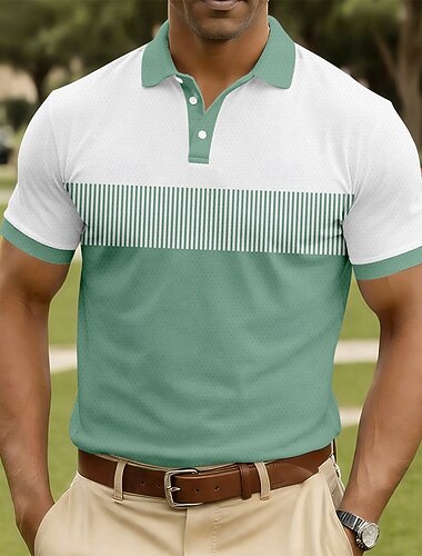  Men's Color Block Polo Shirts Short Sleeve Polo Shirts Collared Shirts Casual Athleisure Buttons Spring & Summer Blue Navy Blue Purple