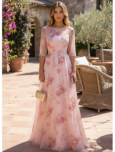  A-linje Kjoler Gulvlengde Festkjole Cocktail Kjole Kjole til brudens mor Halvlange ermer Illusjon Hals Elegant Årgang Formell Bryllupsgjest Forlovelsesfest Chiffon med Blomstertrykk Plissert Blomst