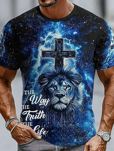 Menns Bibel Løve Kors Kristent T-skjorte Kort Erme T-skjorte 3D Print Crew Neck T-skjorte Religiøs Avslappet Daglig Fest Blå Rød Grønn Sommer Vår Klær