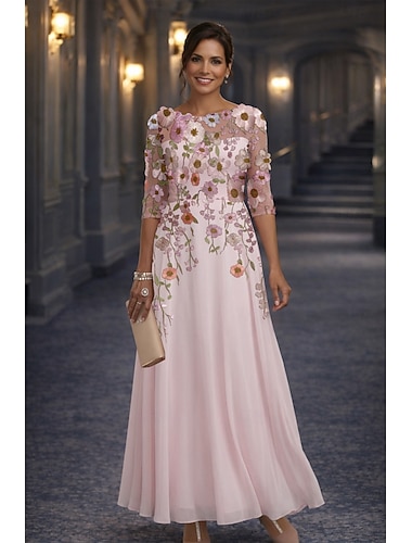  A-linje Gulvlengde Blonde kjole Kjole til brudens mor Langermet Crew-hals Illusjon Hals Elegant Årgang Formell Bryllupsgjest Bryllupsfest Chiffon Blonder med Blomstertrykk 3D-blomster Broderi