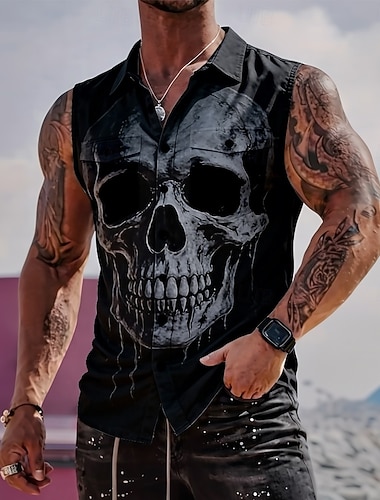 Per uomo Teschio Scheletro Camicia Camicia con Bottoni Maglietta senza maniche Senza Maniche Stile gotico oscuro All'aperto Casual Estate Primavera Collo ripiegato Stampa 3D Due tasche anteriori Nero