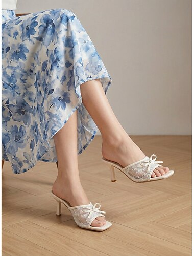  Mules femininas elegantes de salto alto em tela preta - sandálias sensuais de bico quadrado com laço de strass, perfeitas para férias de verão e festas de coquetel. &looks chiques para o dia a dia