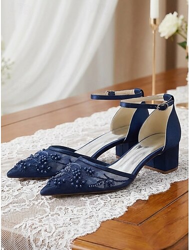  Dame marineblå pumps med blokkhæl, blondebroderi og perledetaljer, elegante sko til brudens mor til bryllup i byen, spisse kjolehæler til formell bruk &kveldsarrangementer