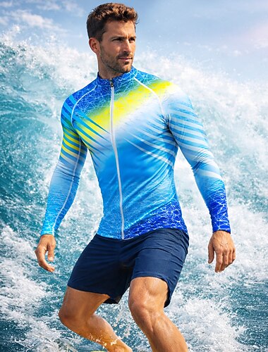  Herren Standard Anti UV Shirt T-Shirt zum Schwimmen Geometrisch Farbverlauf Farbblockierung Reißverschluss UPF50+ UV Schutz Schnelltrocknend Langarm Bademode Schutz gegen Hautausschlag Surfen