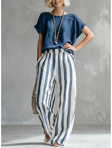  Damen Hosen-Sets Kunstbaumwollleinen Kurzarm Rundhalsausschnitt Grafik Gestreift Mode Streetwear Lässig Täglich Outdoor Blau Schwarz Gelb Frühling & Sommer Lässiger Schnitt
