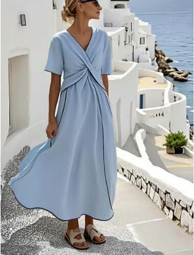  Robe longue en coton et lin pour femme, robe portefeuille, robe trapèze, robe d'été, robe de vacances, robe de soirée, robe décontractée, robe de bureau, robe de plage, imprimé géométrique, manches