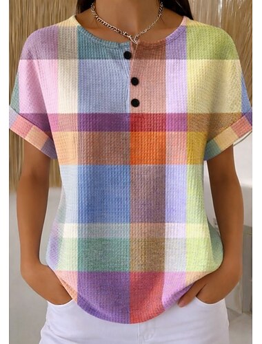  Top Waffle Tessuto a Maglia da Donna T Shirt Blocco Colore Grafica Geometrica Elegante Classico Maniche Corte Girocollo Collo Rotondo Quotidiano Sport Fine Settimana Nero e Bianco Giallo Verde