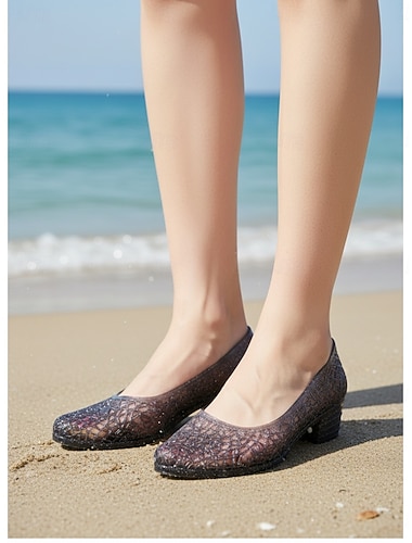 Sprankelende gele jelly pumps voor dames - ademende, opengewerkte blokhakken met glitter, perfect voor strandvakanties en zomerbruiloften. &badplaatskleding
