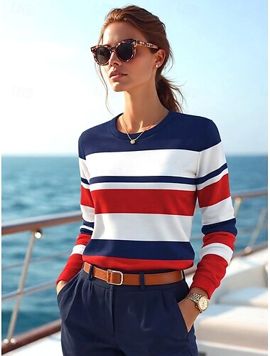  Mulheres Camiseta Imprimir Listrado Gráfico Geométrica oceano Vintage Moda à moda Manga Longa Gola Redonda Tops regulares Diário Azul Marinha Verão Primavera