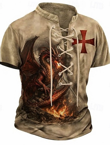  Herren Kreuzfahrer Epischer Feuerdrache Ritter Templer Fantasy T-Shirt Allover Druck Schnürung V-Ausschnitt Retro Kurzarm Oberteil Mythisches Wesen Streetwear Designer Kleidung Apparel