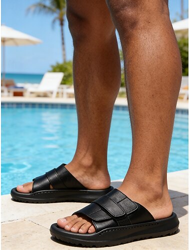  Herre svarte dobbeltremmede sandaler med åpen tå, komfortable og avslappede tøfler for feriesteder og bassengkanten, strandferie, reise, avslapning ved sjøen, sommerens daglige bruk og friluftsliv