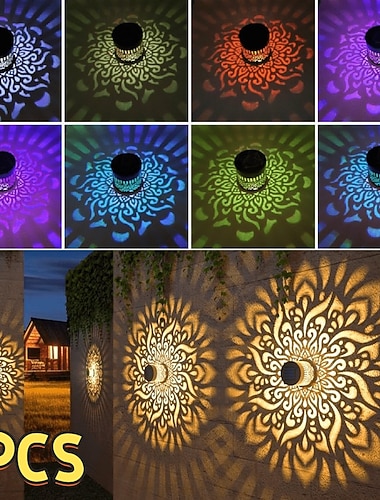  4 stk. utendørs solcelledrevet hul metallmandala-projeksjonsvegglampe, IP44 vanntett, gjerde-, trapp-, plen- og gangsti-dekorasjonslampe, hage-, gårdsplass-, villalandskapslampe