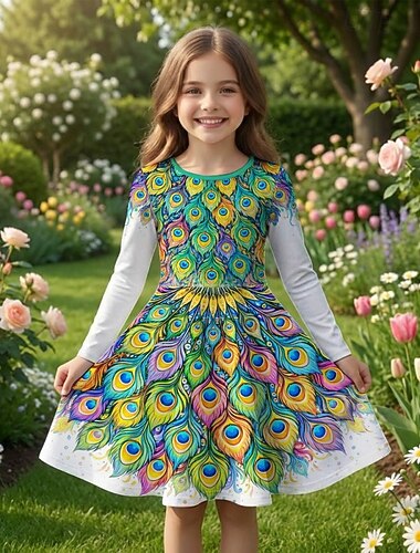  FILLE 3D Graphique Paon Robe manche longue Impression 3D Printemps Automne Quotidien Vacances Soirée Occasionnel Princesse Beau Enfants 4-12 ans Robe Décontractée Robe trapèze Mi-long Coupe régulière