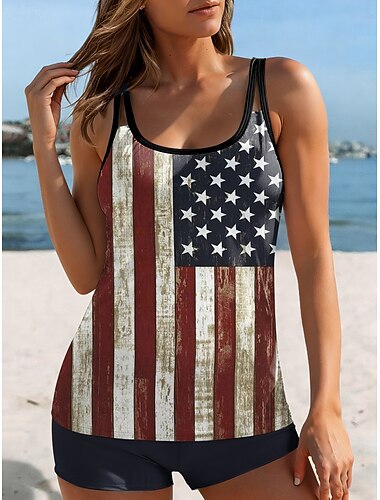  Amerikanska självständighetsdagen dambadkläder tankini tvådelad baddräkt rygglös semester strandkläder grafisk u-ringning ärmlös baddräkt