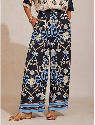  sommernatt palm silkemyke satengbukser med vide ben