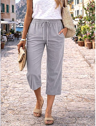  Damen Caprihose Hose aus Baumwollleinen Chinos Sommershorts Urlaub Basic Lässig Wadenlang Hohe Taille Einfach Tasche Elastischer Bund Bequem Komfort Weich Dehnbar Täglich Outdoor Straße Marineblau