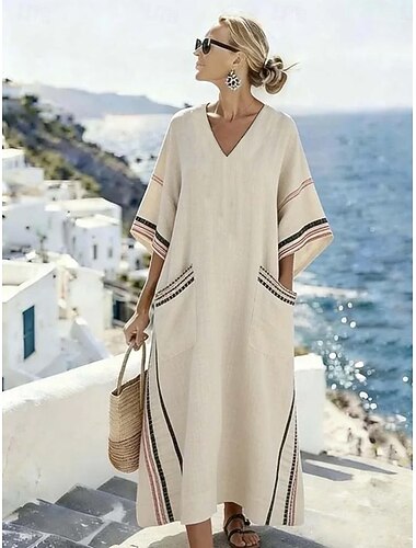  Dame Maxikjole Skiftkjole Fritid Strand Ut på byen Løstsittende Blomstret Grafisk Langermet V-hals Lys Rosa Lysegrønn Beige Sommer Vår