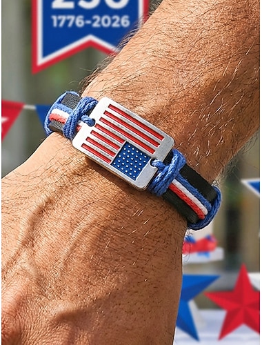  Bracelet ajustable en cuir pour homme, orné du drapeau américain, en cuir véritable, style patriotique, idéal pour le 250e anniversaire des États-Unis, la fête nationale et les tenues décontractées en extérieur.