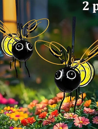  2 stk. utendørs solcelledrevne bieformede hengende lanterner, vanntette, dekorative LED-lys for hage, gårdsplass, gjerde, balkong, terrasse – stemningsfulle &landskapsbelysning