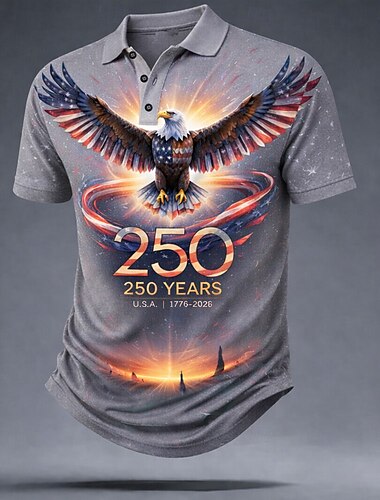  4 يوليو 2026، الذكرى 250 رجالي علم الولايات المتحدة الأمريكية قمصان البولو كم قصير قمصان البولو Lapel كاجوال ملابس الرياضة مناسب للبس اليومي ملابس المهرجان طباعة ثلاثية الأبعاد Buttons الصيف الربيع