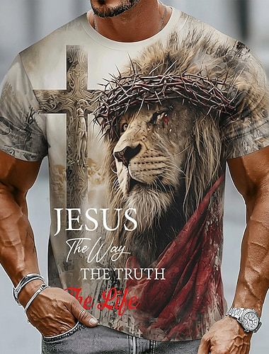  250e Anniversaire de l'Amérique Chemise T-Shirt Croix Lion de la Bible des Chevaliers pour Hommes Manche Courte T-shirt Imprimé 3D Col Rond Vêtements Religieux Décontractés Quotidiens Fête Khaki Été