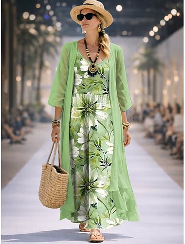  Mulheres conjunto de vestido Vestido A Line Elegante Férias Floral Gráfico Multi Camadas Imprimir Vestido Longo Manga 3/4 Decote V Diário Festa Azul Rosa Roxo Verão Primavera Ajuste Largo