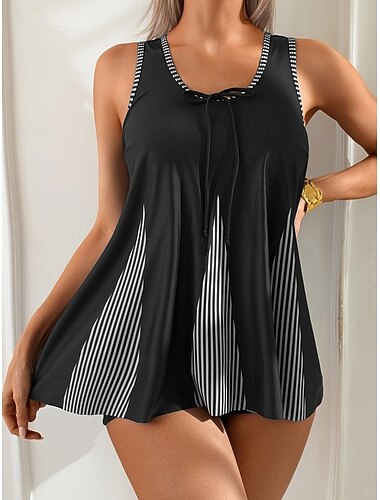  Damskie Stroje kąpielowe Tankini 2 szt Krótkie spodnie Kostium kąpielowy Wyszczuplenie brzucha Wysoka talia Szczupła Odkryte plecy Elegancja Urlop Prążki Łódeczka Bez rękawów Kostiumy kąpielowe
